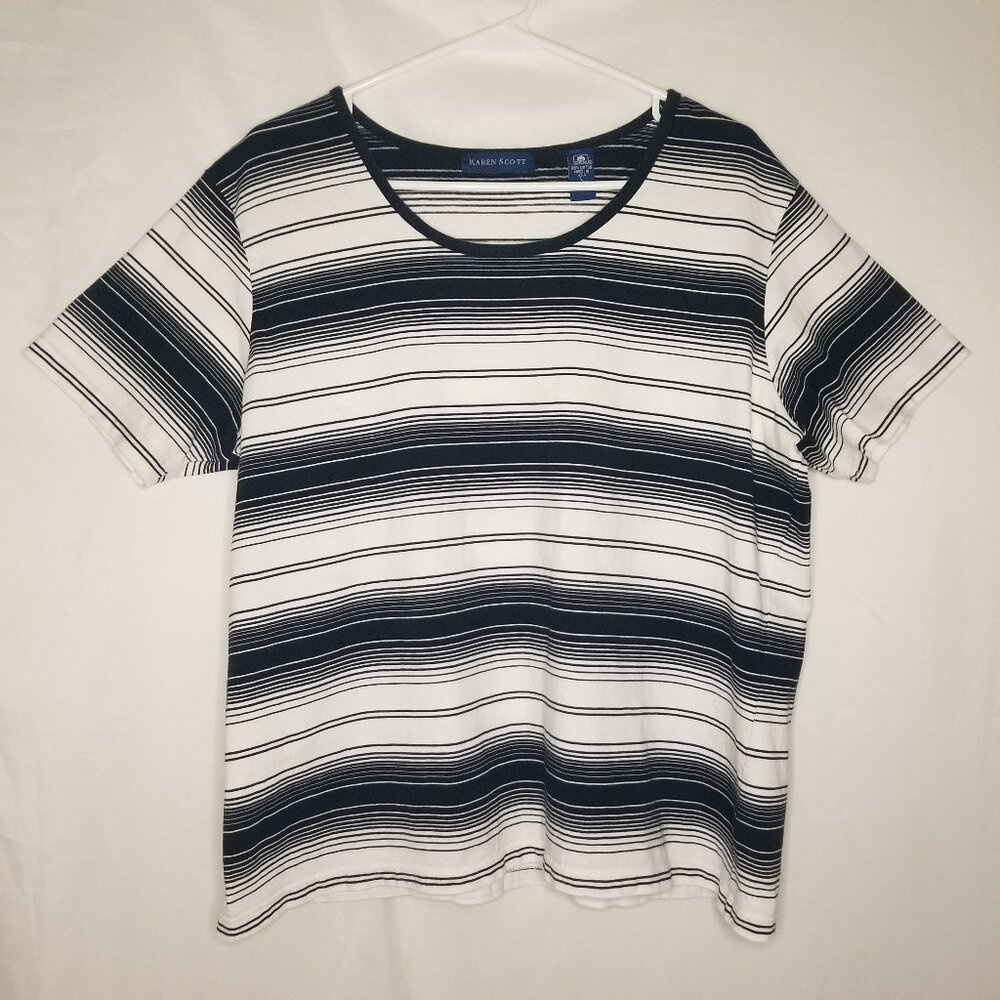 Karen Scott Women L Black And White Striped Short Sleeve Cotton Shirt Top Blouse